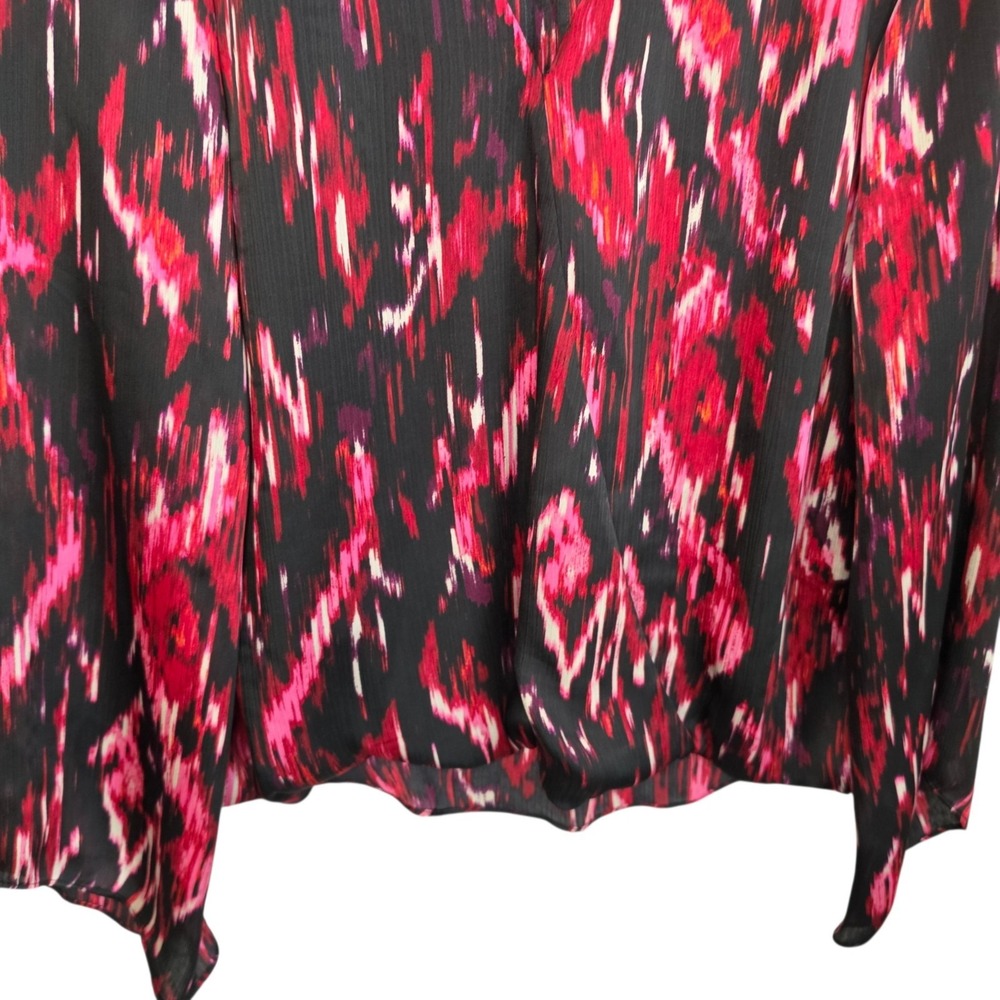 Vince Camuto Blouse M Pink Black Ikat Draped V Neck Long Sleeve Wrap Front Top - Picture 6 of 8